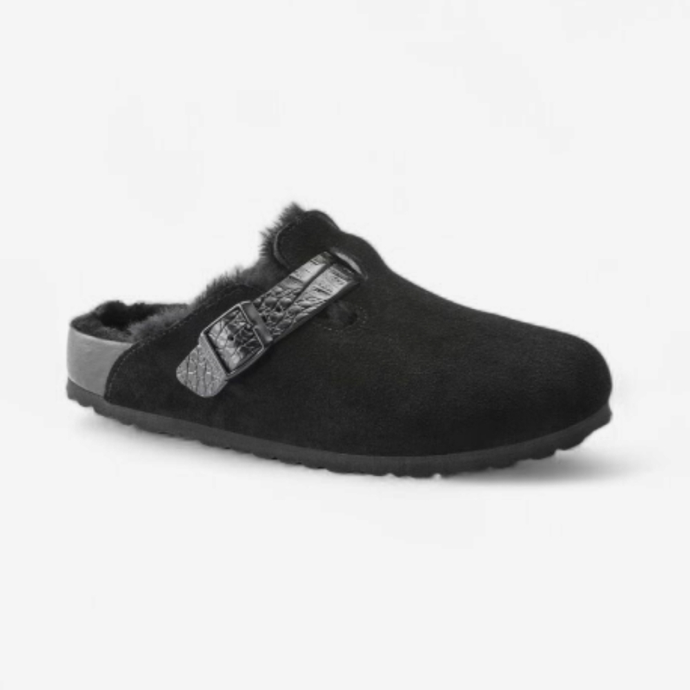 Birkenstock Boston Black Suede Shearling Lined Croc Embossed Strap Clogs